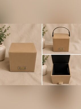 Tan Leather Cube Jewelry Box with Top Handle